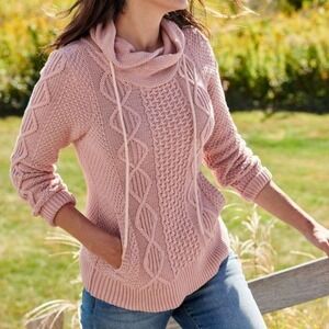 LL Bean Signature Funnelneck Pink Sweater Cable Knit Cotton Womens XS